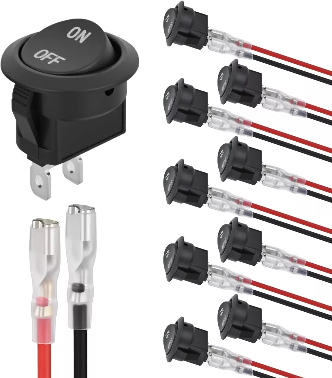 10PCS Round Rocker Switches w/Wiring Harness SPST 6A/250V 10A/125VAC 12V Small Toggle Switch 2 Pin ON Off for Car Automotive RV Trucks Boats Off-Road Vehicle