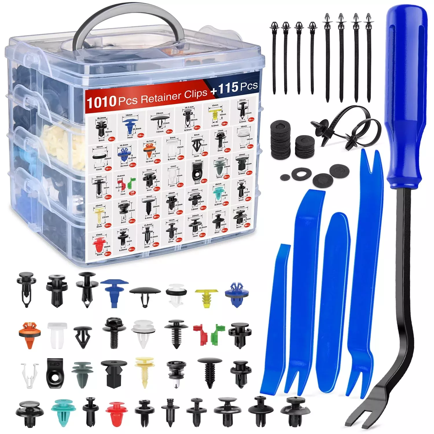 1125Pcs Car Push Retainer Clips Auto Fasteners Kit Included 34 Most Popular Sizes Nylon Bumper Fender Rivets with 5 Fasteners Remover 10 Cable Ties for Toyota GM Ford Honda Chevy