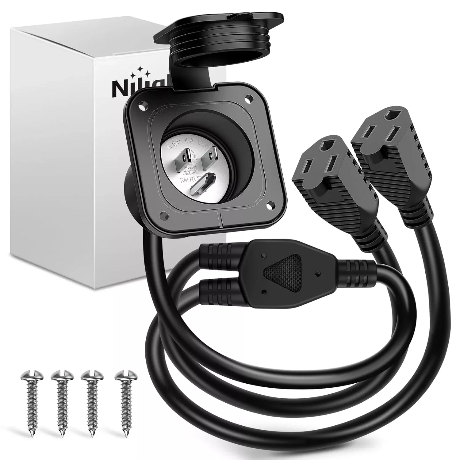 15 AMP RV Power Flanged Inlet 125V AC Port Shore Receptacle with Extension Cord ETL Listed NEMA 5-15P Plug (2) 5-15R Female Outlet for Camper Generator Shed Motorhome