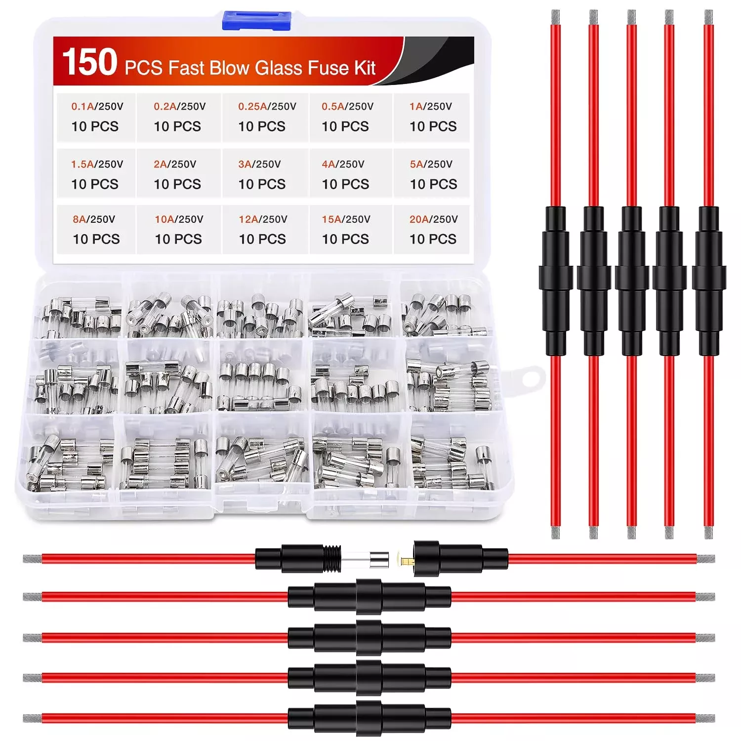 150PCS Fast Blow Glass Fuses with 10PCS 5x20mm Inline Holder Screw Type16AWG 250V 0.1A 0.2A 0.25A 0.5A 1A 1.5A 2A 3A 4A 5A 8A 10A 12A 15A 20A Tube Fuse Assortment