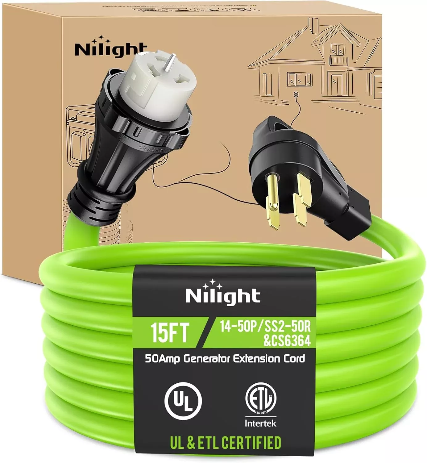 15FT 50 Amp Generator Extension Cord 250V Heavy Duty 6/3+8/1 Gauge Pure Copper STW Wire ETL Listed 4 Prong 14-50P SS2-50R&CS6364 Suit for RV Camper Outdoor Use Bright Green