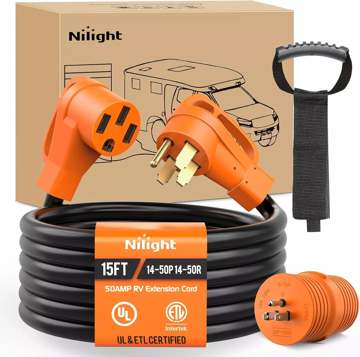 15FT 50 Amp RV Extension Cord with Adapter 15Amp to 50Amp 250V Heavy Duty 6/3+8/1 Gauge Pure Copper STW Wire UL ETL Listed 4 Prong 14-50P 14-50R Weatherproof Suit for Generators Camper
