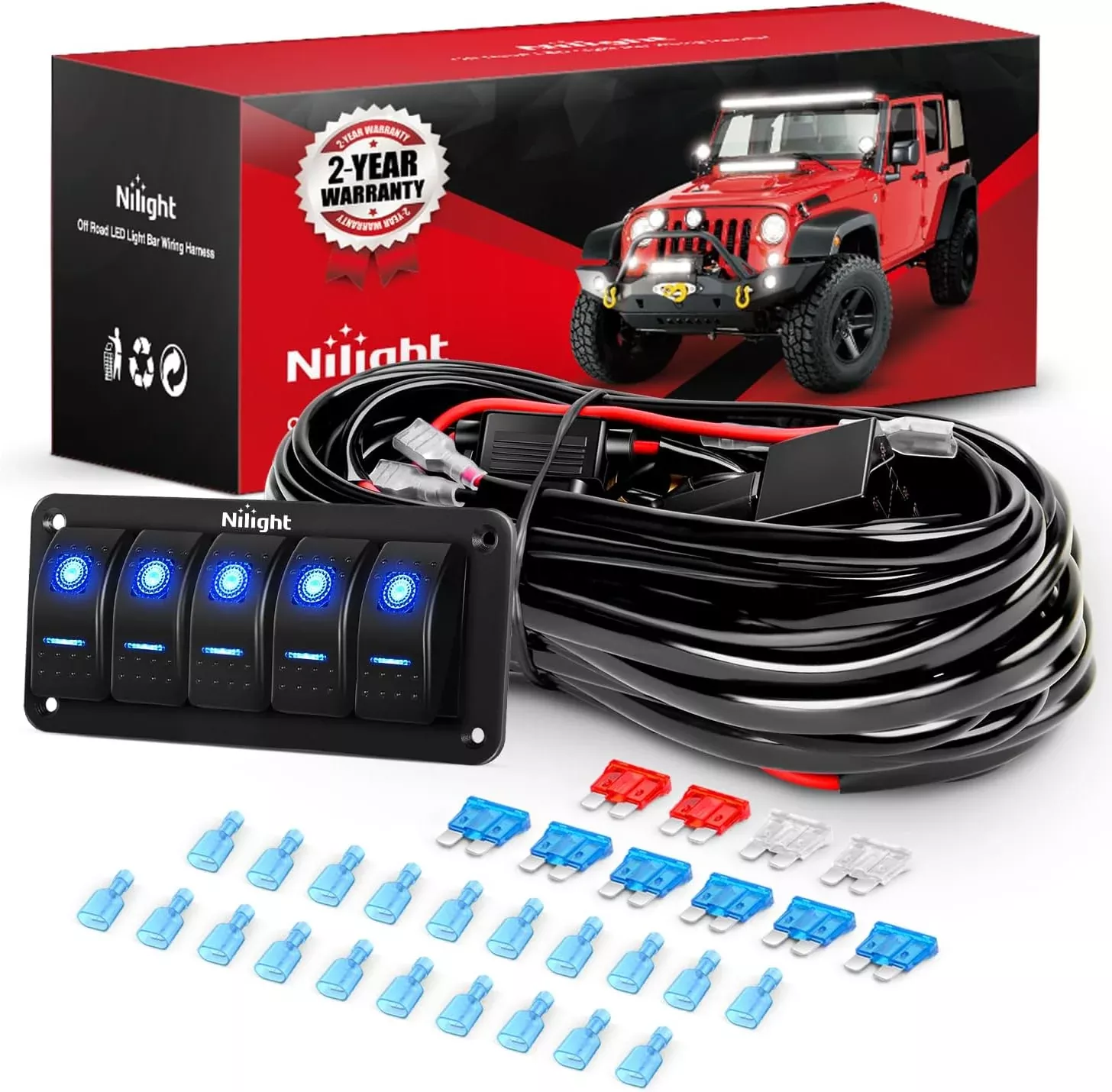 16AWG 14AWG 12AWG LED Light Bar Wiring Harness Kit 12V On/Off 5 Gang Rocker Switch Panel Power Relay Blade Fuse 5Pin Toggle Switches for Cars Boat ATV Trucks-10 Leads