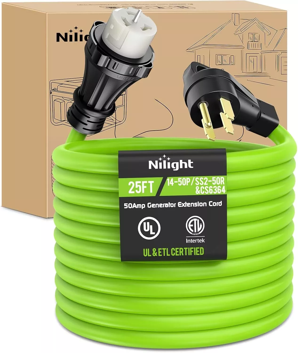 25FT 50 Amp Generator Extension Cord 250V Heavy Duty 6/3+8/1 Gauge Pure Copper STW Wire ETL Listed 4 Prong 14-50P SS2-50R&CS6364 Suit for RV Camper Outdoor Use Bright Green