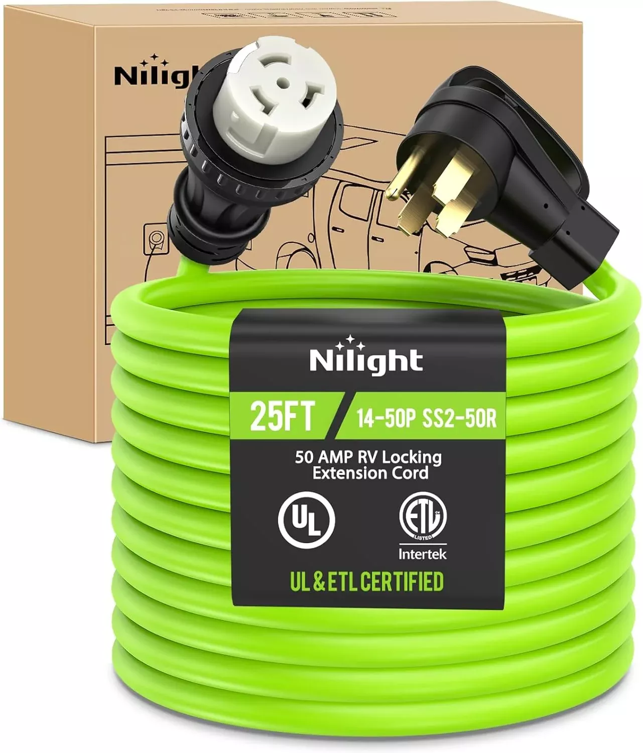 25FT 50 Amp RV Locking Extension Cord 250V Heavy Duty 6/3+8/1 Gauge Pure Copper STW Wire UL ETL Listed 4 Prong 14-50P SS2-50R Weatherproof Suit for Camper Caravan Trailer Bright Green