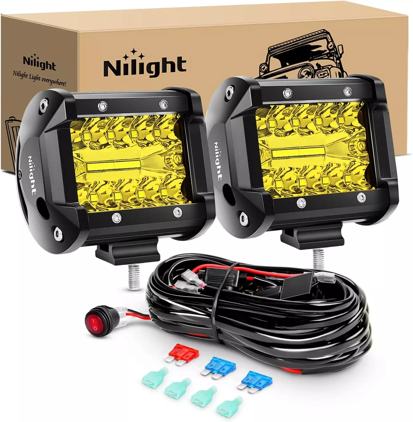 2PC 4Inch Yellow Led Pods Triple Row 60W Flood Spot Combo Driving Fog Lights with 16AWG Switch Wiring Harness Kit-2 Leads for Offroad Pickup Trucks ATV UTV SUV