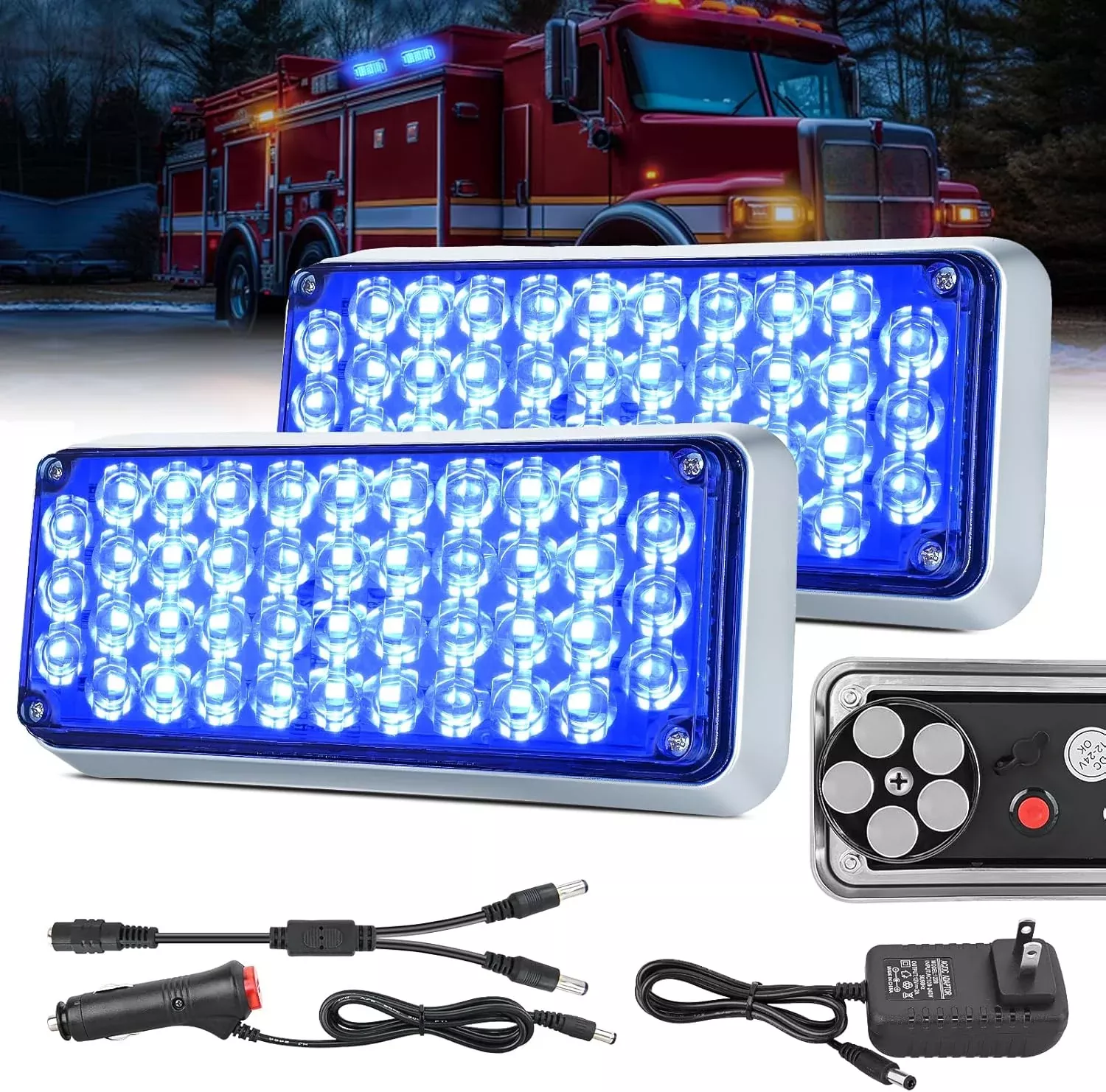 2PCS Blue Strobe Wireless Magnetic Lights Portable Warning Hazard Light Surface Mount Waterproof 5 Patterns for 12V 24V Off Road Eergency Vehicles