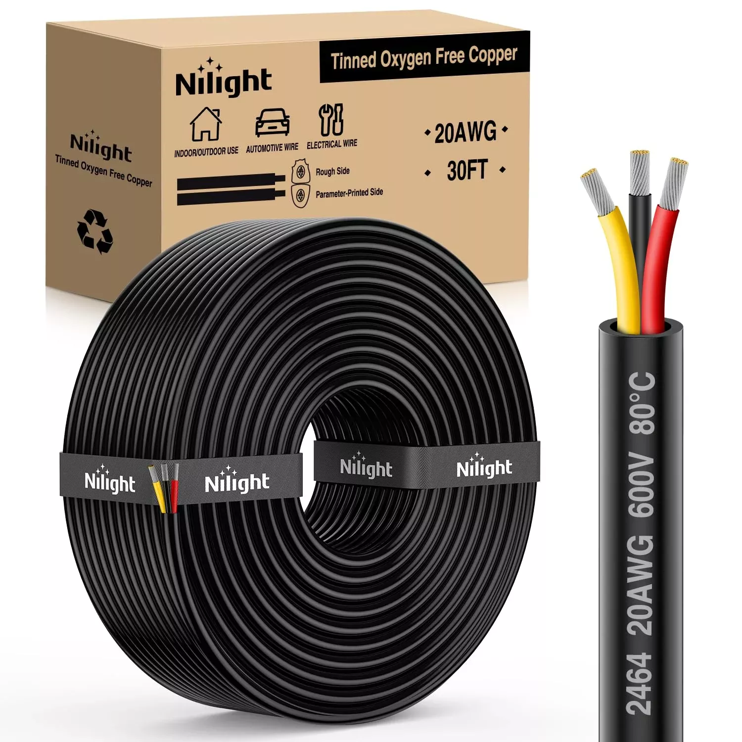 30FT 20AWG 3 Conductor Electrical Wire Tinned Oxygen Free Copper Red Black Yellow 3 Wires Parallel 600V DC Flexible PVC Case Extension Cords for LED Strips Lamps Lighting (25% OFF Final Checkout)