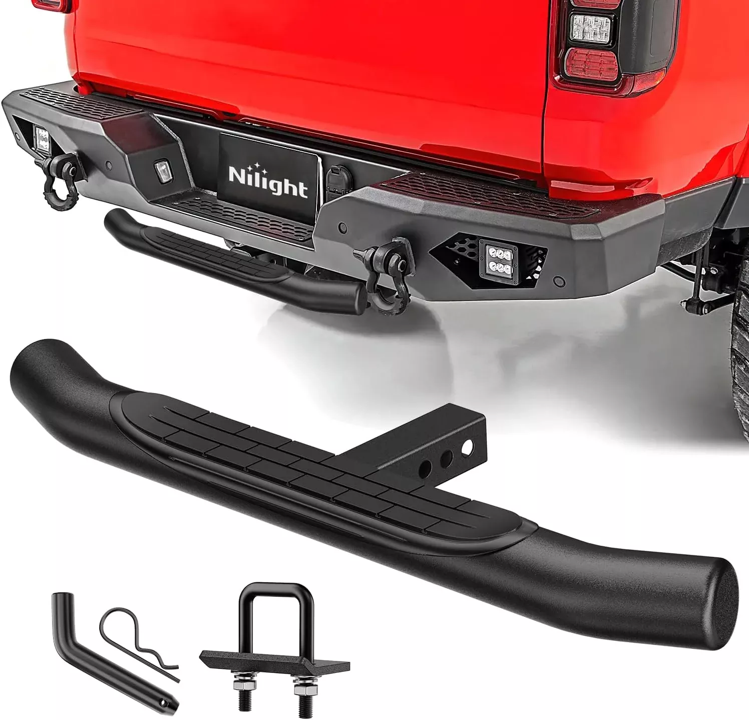 36 Inch Hitch Step Fits 2 Inch Receivers 3 Inch Round Tubing Stainless Steel with Rubber Non-Slip Pad Rear Bumper Guard with 5/8 Inch Hitch Pin Clip & U-Bolts Stabilize for Pickup Truck Car SUV