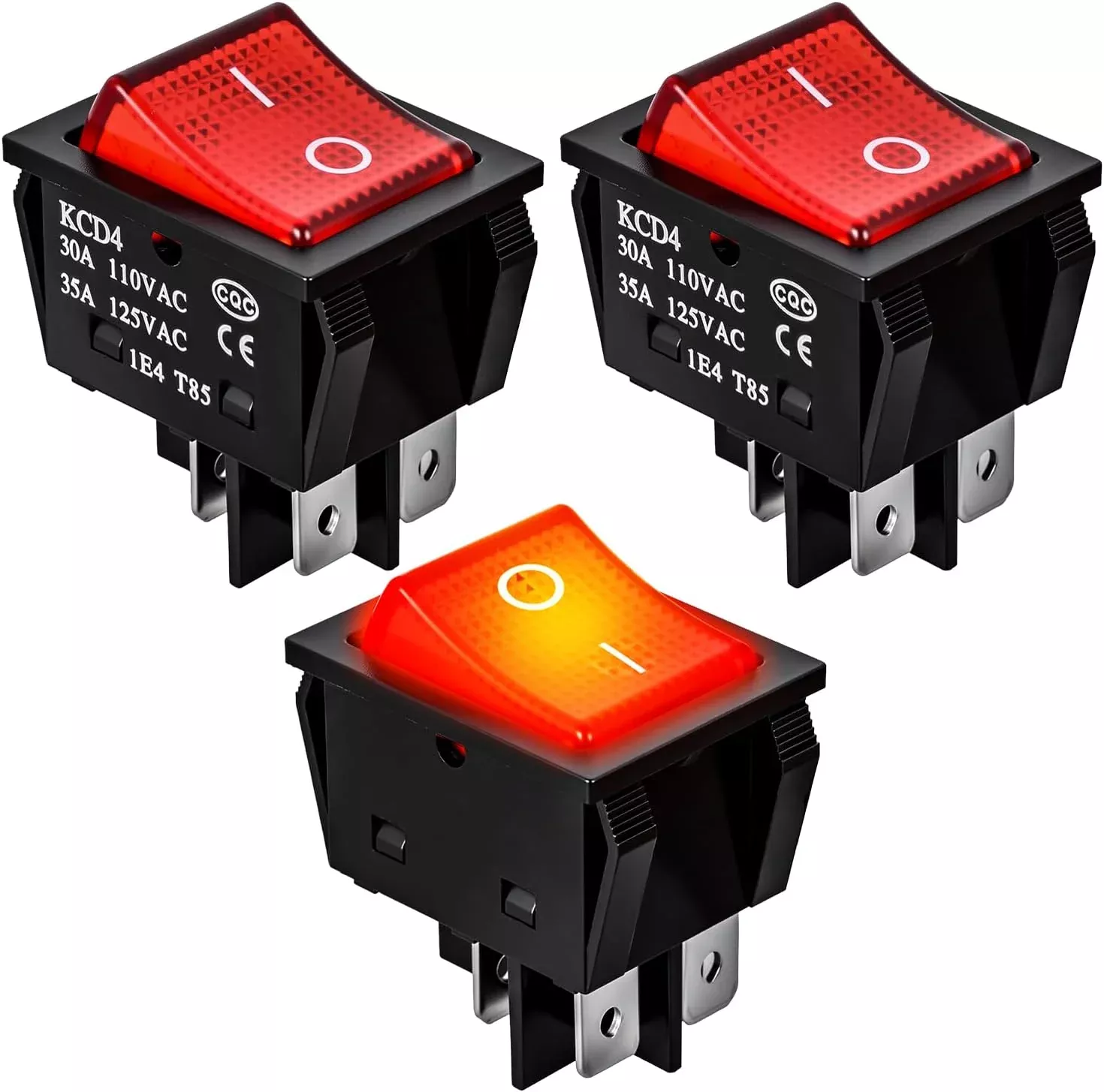 3PCS DPST Rocker Switches 12V 30A/110V 35A/125VAC Red Lighted 4 Pin 2 Position ON Off Toggle Switch KCD4 for Car Automotive Truck Boat Marine Off-Road Vehicle