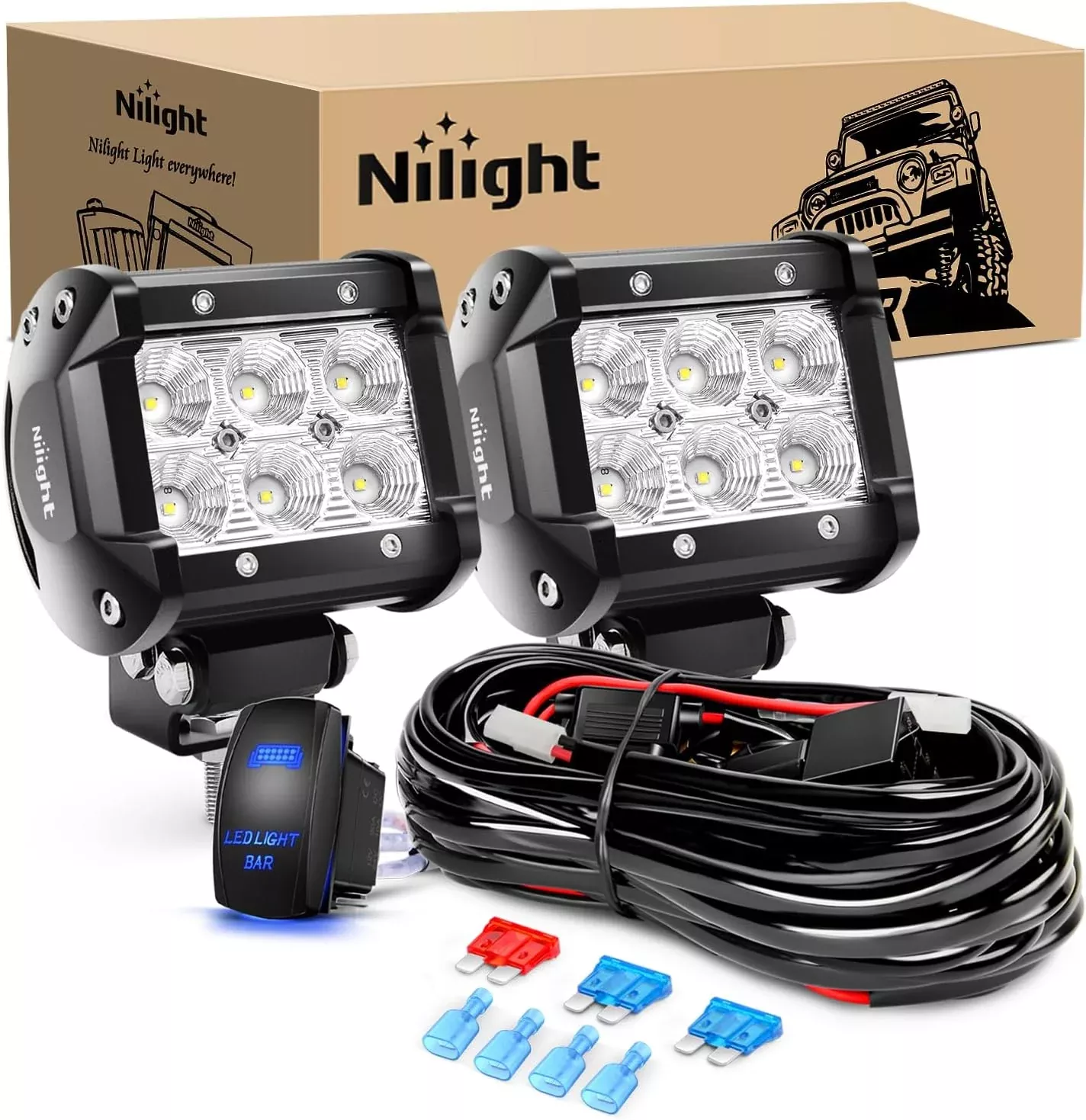 4 Inch LED Light Pods 2PCS 18W Flood Fog Light Bar with 12V 5Pin Rocker Switch TE Connector Wiring Harness Kit-2 Leads for 4x4 offroad Pickup Truck ATV UTV SUV Golf Cart Boat