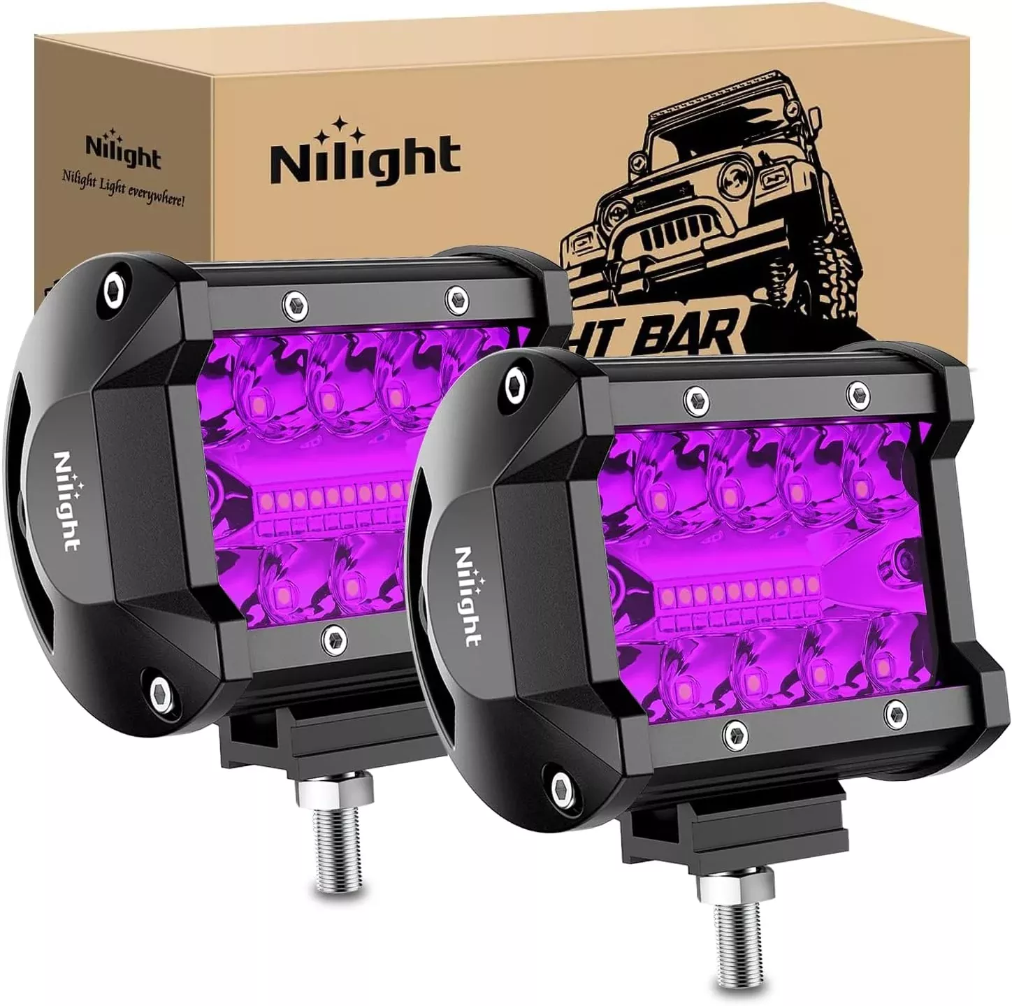4 Inch LED Light Pods Purple Triple Row 2PCS 60W Flood Spot Combo Off Road Driving Decoration Neon Hunting Lighting for UTV Pick-up Van Boat Tractor