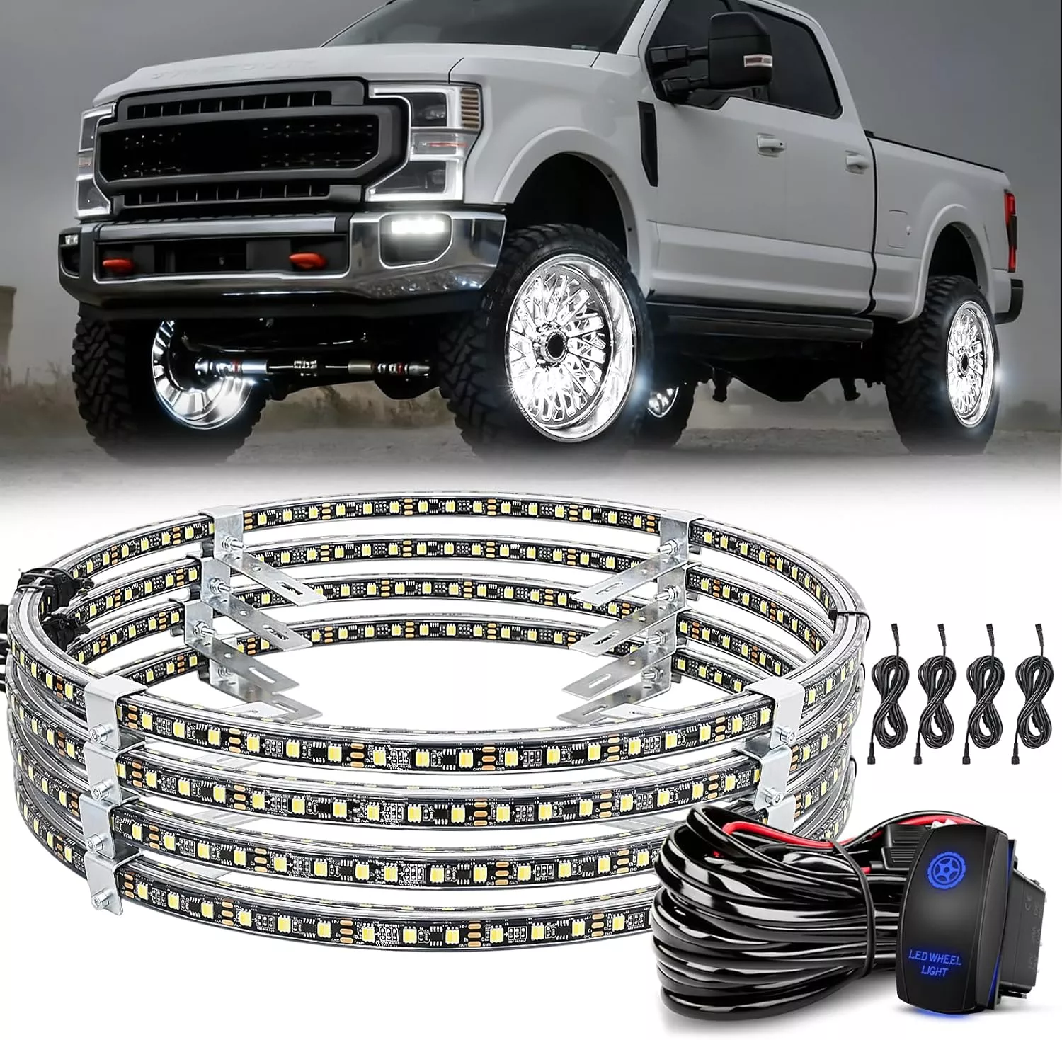 4PCS 15.5inch Double Row LED Wheel Ring Lights Pure White with Wiring Harness Kit Rocker Switch Control Dual Row for Car Van SUV Truck