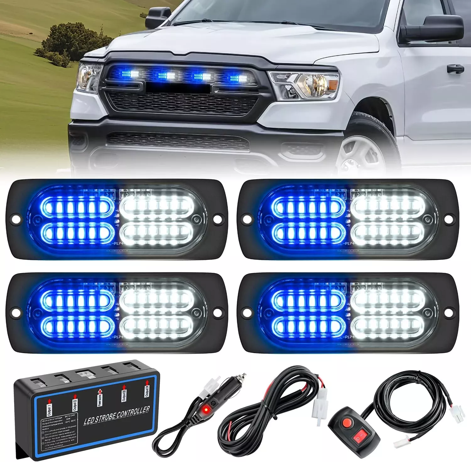 4PCS LED Strobe lights 12V 24V Sync Feature Blue White 24LED Emergency Hazard Warning Lights with Controller Hard Wire or Cigarette Lighter Plug for Car Truck RVs Campers