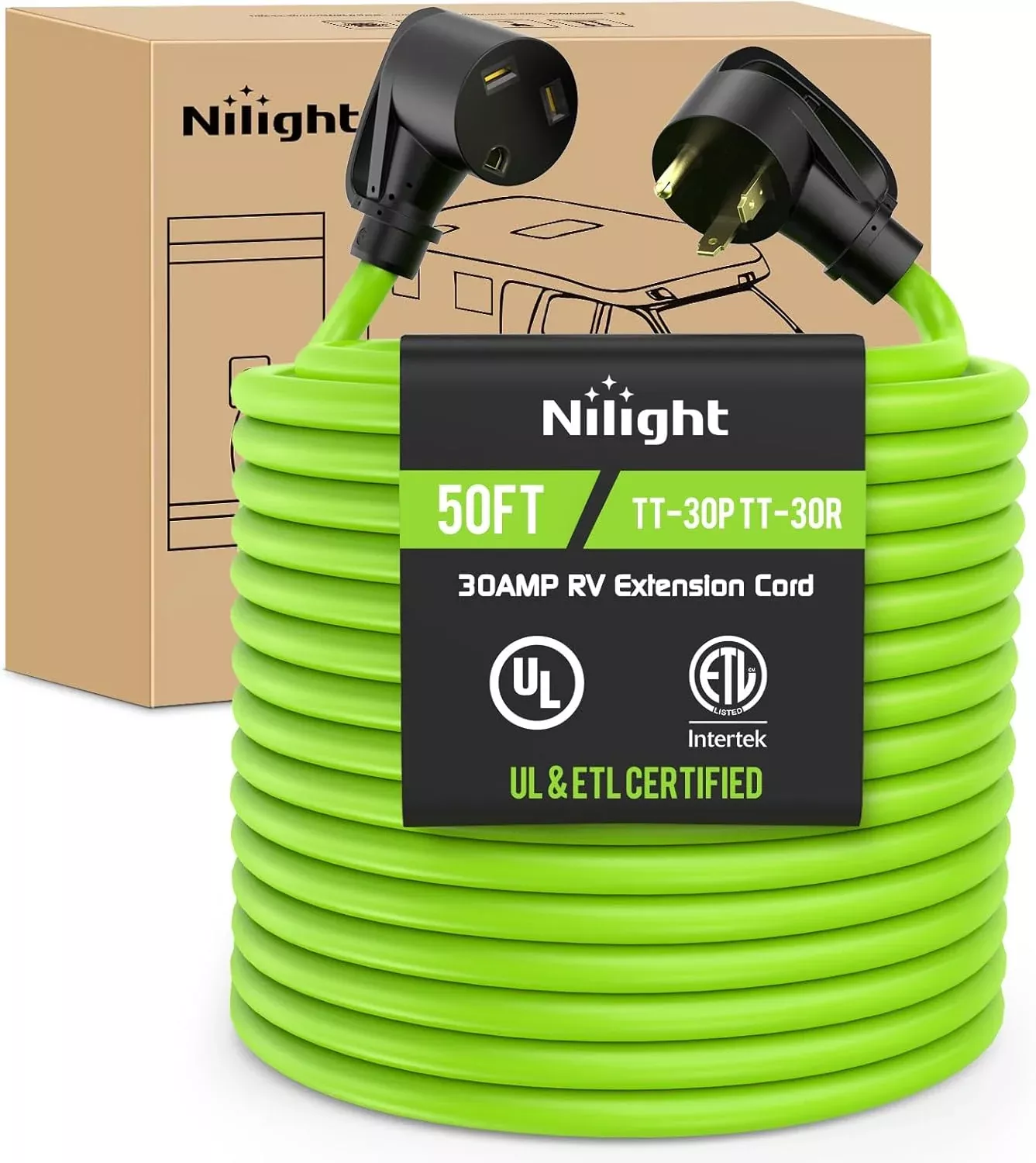 50FT 30 Amp RV Extension Cord 125V Heavy Duty 10/3 Gauge Pure Copper STW Wire UL ETL Listed 3 Prong TT-30P TT-30R Weatherproof Suit for Camper Caravan Trailer Bright Green