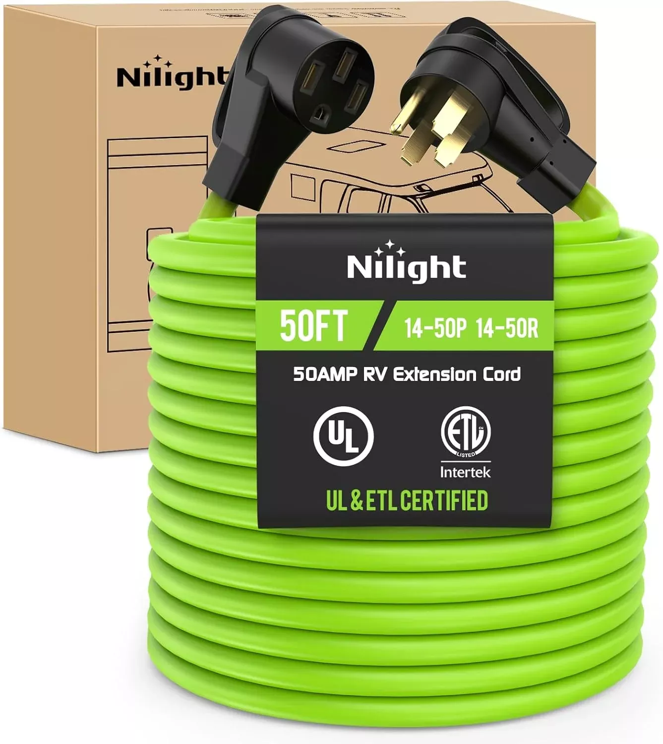 50FT 50 Amp RV Extension Cord 250V Heavy Duty 6/3+8/1 Gauge Pure Copper STW Wire UL ETL Listed 4 Prong 14-50P 14-50R Weatherproof Suit for EV Trailer Campers Bright Green