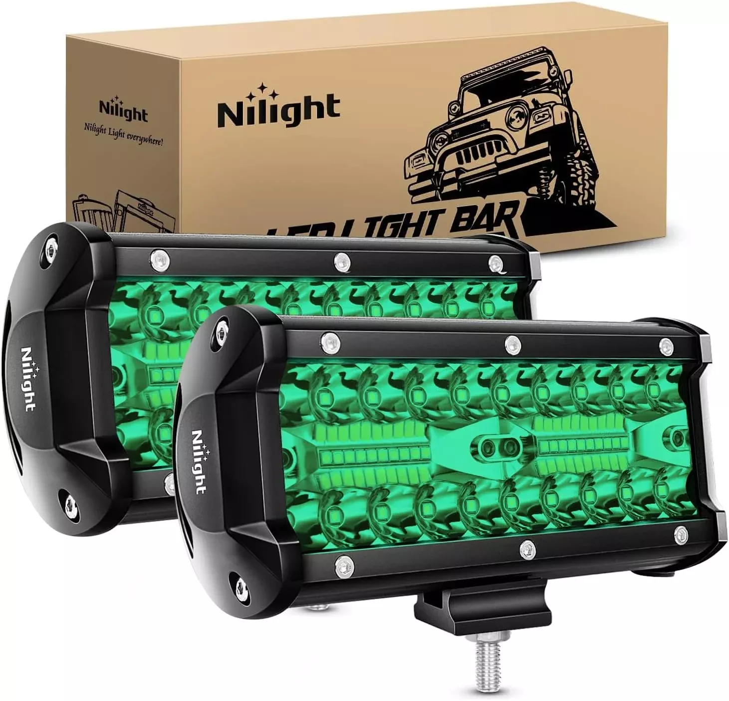 6.5 Inch LED Light Pods Green Triple Row 2PCS 120W Flood Spot Combo Off Road Driving Fog Fishing Hunting Emergency Safety Signal Deck Trailer Lighting for UTV Pick-up Van Boat Tractor