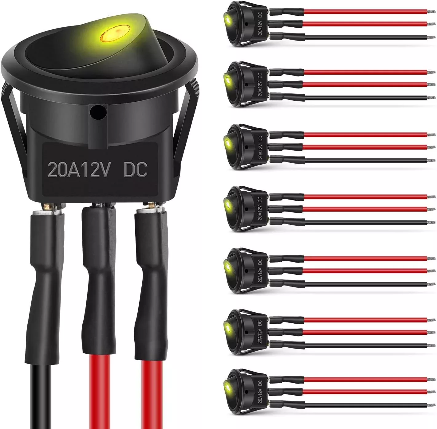 8PCS Round Rocker Switches 12V 24V 20A Yellow LED Toggle swtiches SPST with 16AWG Presoldered Wires 3Pin 2Position for Car Truck Vehicle Boat Marine Rocker On Off Control