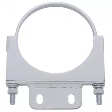 Chrome 5 Inch Cab Exhaust Clamp W/ 1 1/2 X 3 3/8 Inch Plate For Peterbilt 359, 375, 377, 378, 379, 386, 388, 389