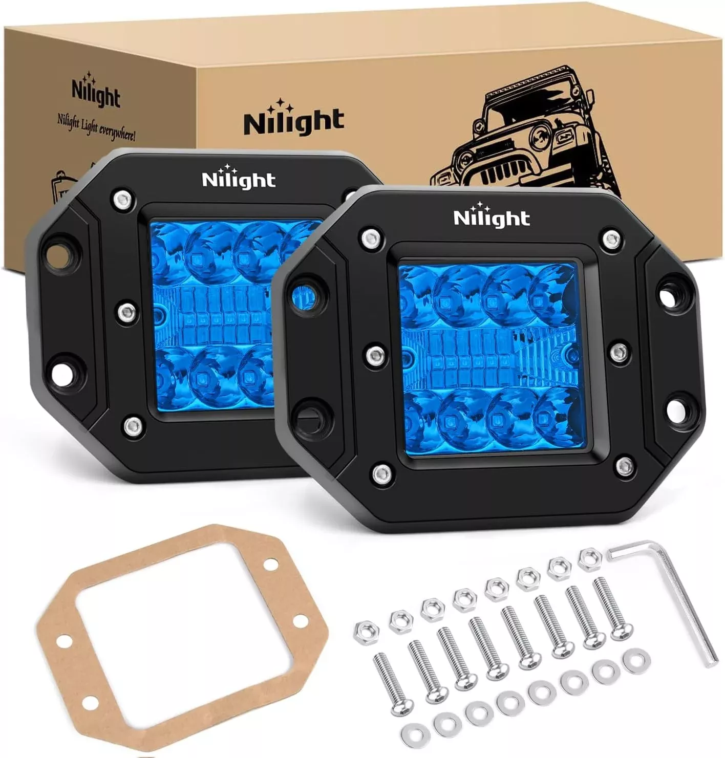 Flush Mount LED Light Pods 2 PCS 42 W Blue Upgraded Spot Flood Combo Bumper Driving Fog Fishing Hunting Emergency Safety Signal Lighting for UTV Pickup Van Boat Tractor