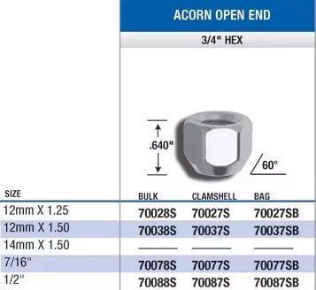 Gorilla 70078S - Acorn Open End Lug Nuts (3/4" HEX) 7/16" (Set of 100)