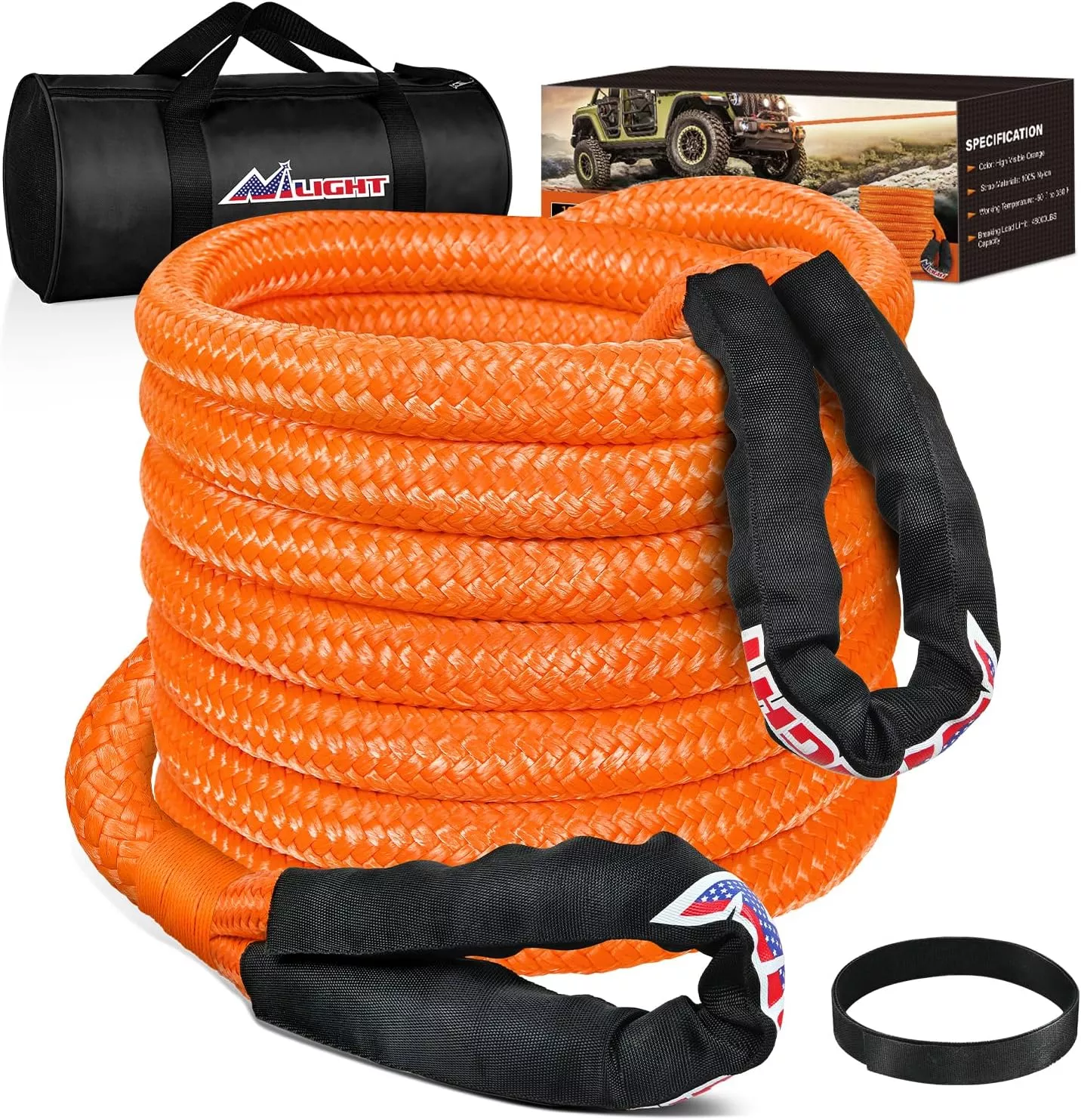 Kinetic Recovery Rope 48000 LBS 1-1/8in x 30ft Snatch Strap Heavy Duty Offroad Towing Starp Kit Vehicle Recovery kit for UTV ATV SUV Truck Car Jeep Tractor