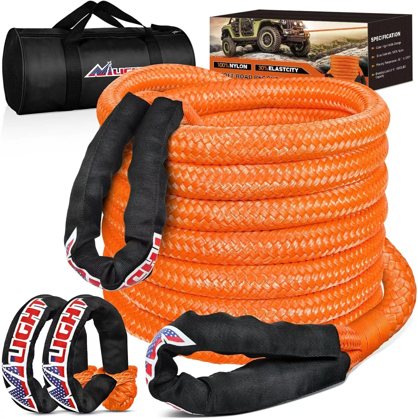 Kinetic Recovery Tow Rope Kit with 2 Soft Shackle 1 Inch x 20ft Heavy Duty Offroad Tow Rope Snatch Strap Towing Strap kit 48,000LBS for UTV ATV SUV Truck Car Jeep Tractor