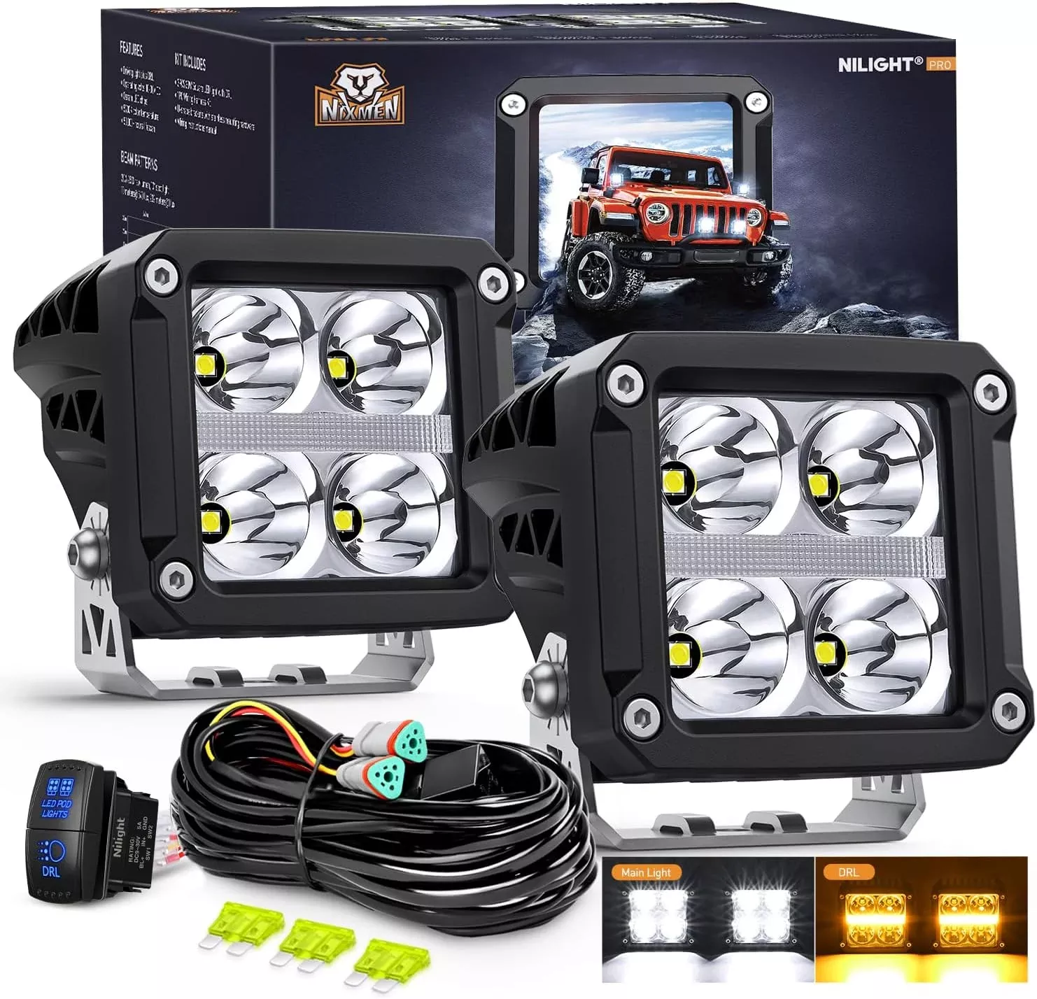 LED Pod Lights with Amber DRL 3.2 Inch Square 20W 2510LM Super Spot Beam w/ 16AWG Wiring Harness Kit Auxiliary Offroad Driving Ditch Light for Truck UTV ATV SUV 4x4