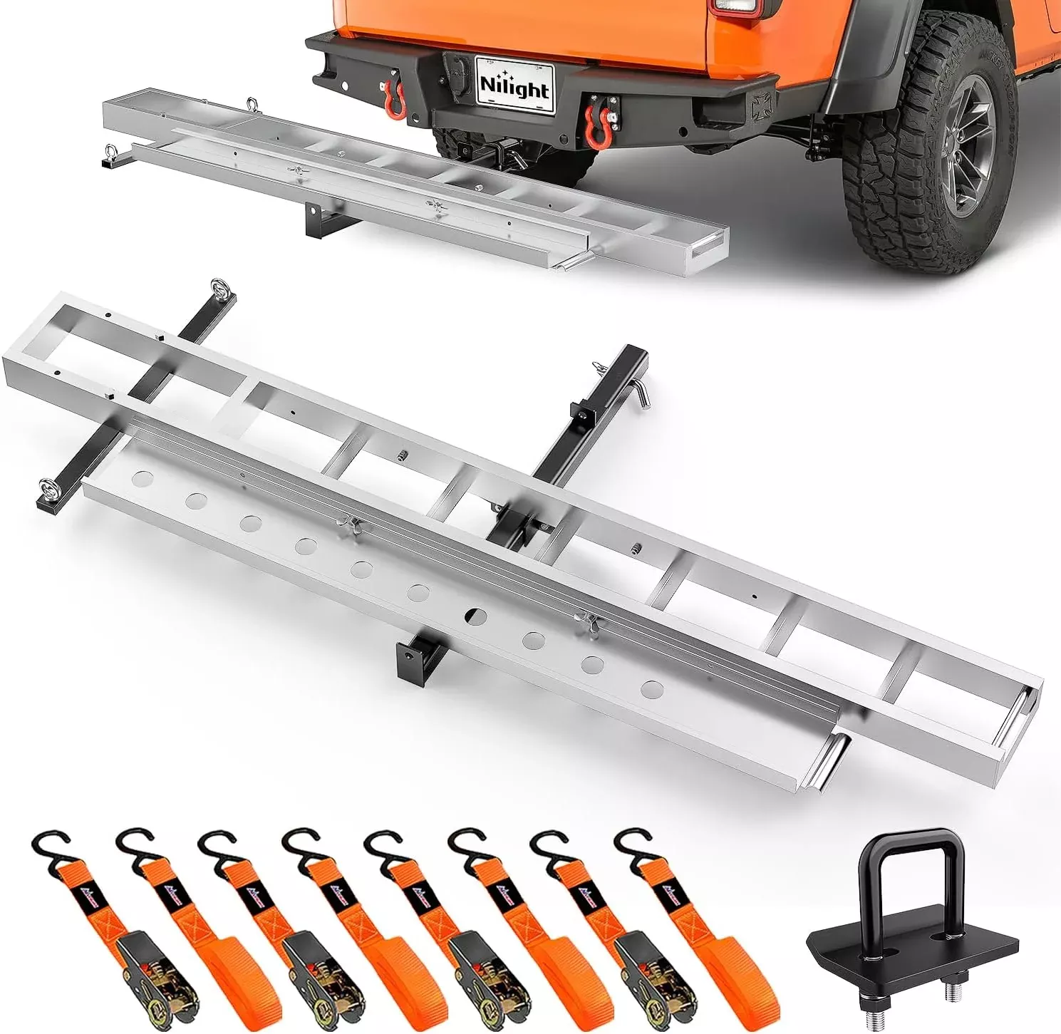 Motorcycle Hitch Carrier 400LBS, Lightweight Robust Aluminum Dirt Bike Hitch Hauler with 55.11 Inch Longer Ramp, Pin Lock, Tie-Down Strap and Tightener, 2 Inch Receiver, 5 Inch Wide Tire