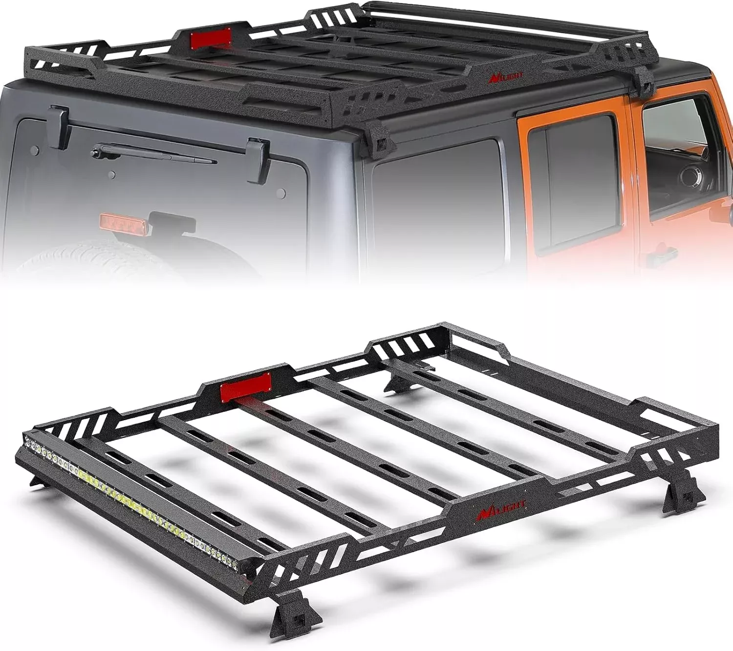 Roof Rack Cargo Basket with LED Light Bar Compatible with 2007-2026 Wrangler JK JL Unlimited & Gladiator JT 4 Door Hardtop, JKU JLU Luggage Rooftop Storage Carrier