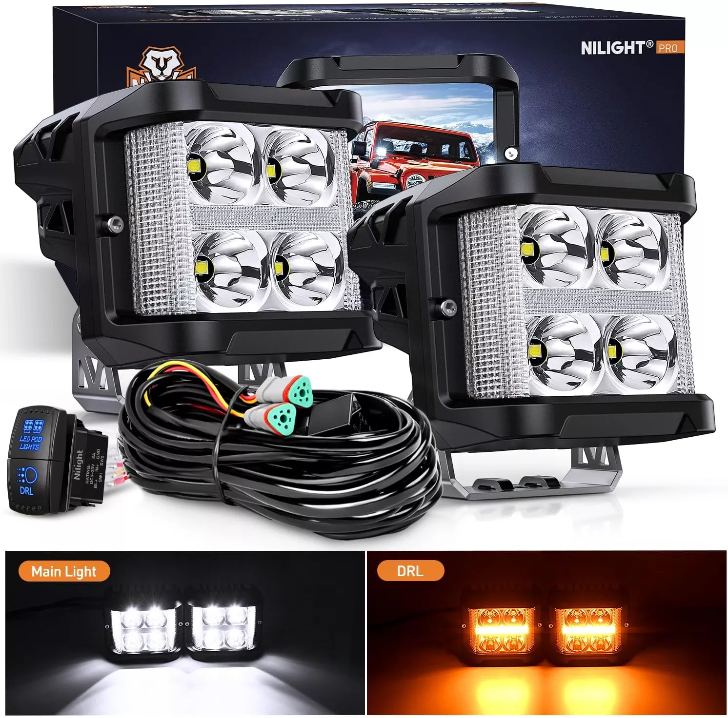 Side Shooter LED Light Pods with Amber DRL 4 Inch 26 W Spot Flood Combo LED Cubes Light w/ 16AWG Wiring Kit for Offroad Driving Fog Light Auxiliary Light on Truck ATV UTV