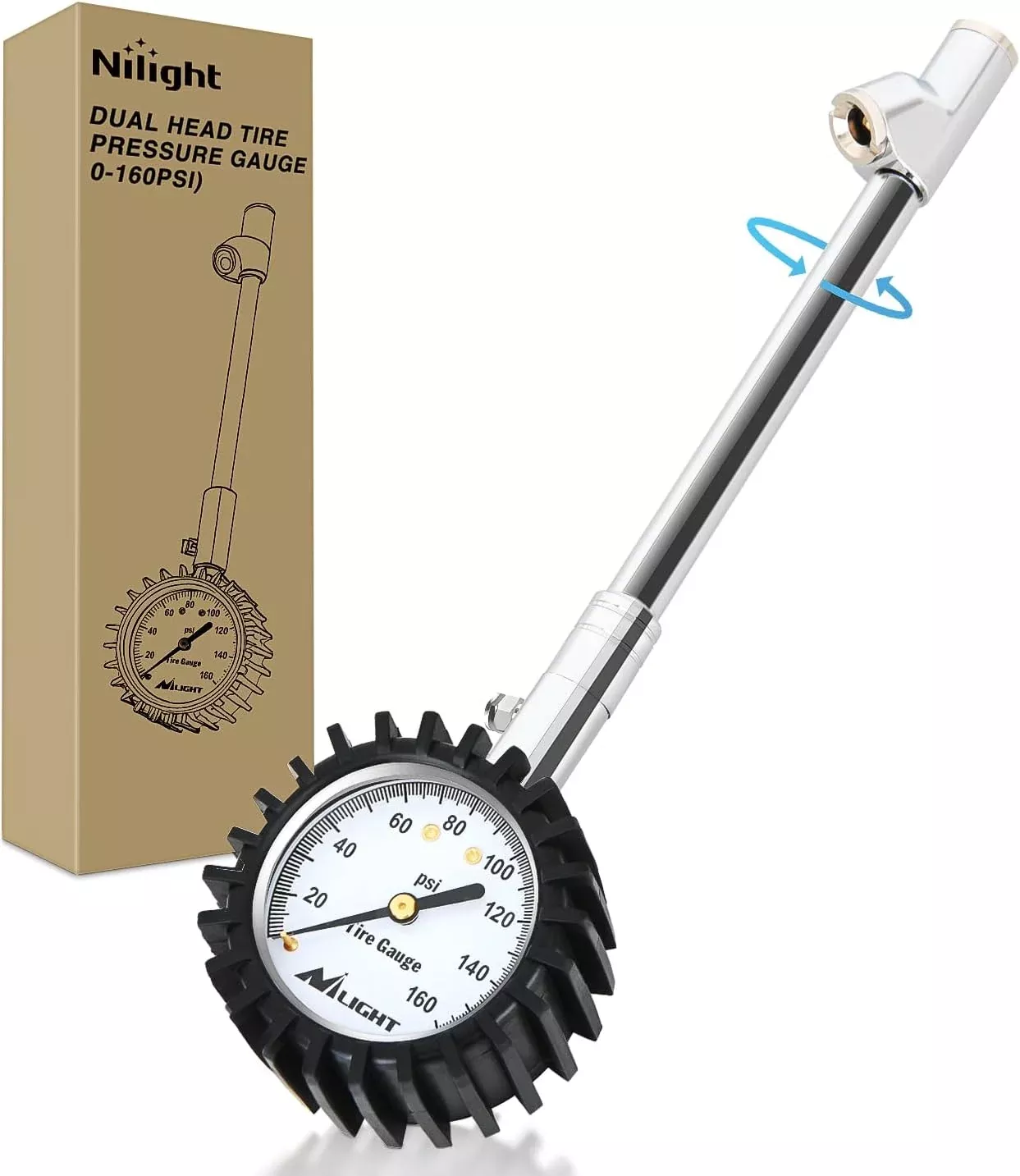 Tire Pressure Gauge 160PSI Heavy Duty Stainless Steel Dual Head Air Pressure Chucks ANSI B40.1 Certified Large 2 Inch Dial Wheel Checker for Truck Semi Truck ATV Motorhome Cars & RV Accessories