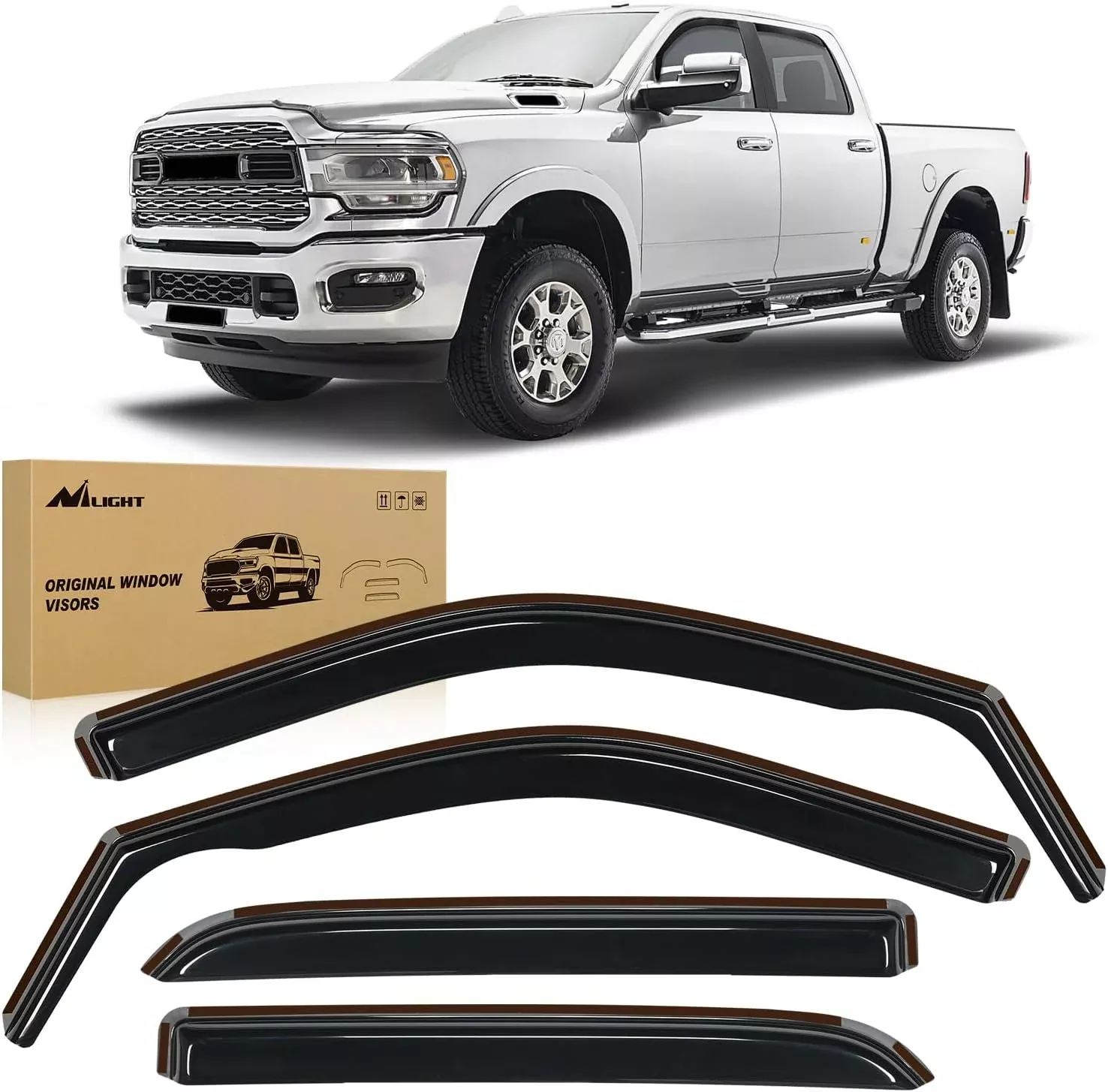 Window Rain Guards for Dodge Ram 2500 3500 Crew Cab 2019-2025 2026, Side Window Deflectors Vent Visors, Smoke Tint, Reduce Wind Noise, Car Wash Safe, 4PCS